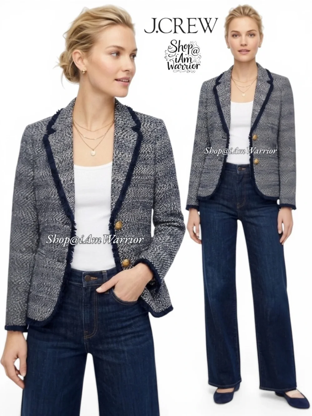 J.Crew NWT striped navy fringe tweed 2 gold button lady jacket *shop@iamwarrior